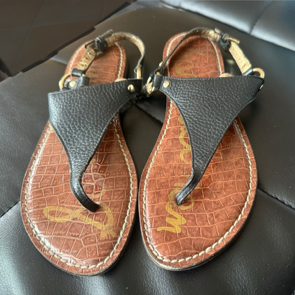 Sam Edelman Black & Brown Leather T-Strap Sandals Gold Hardware size 8.5 - Picture 2 of 6